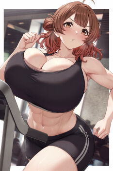 1girl abs absurdres ahoge alternate_breast_size_(larger) black_shorts black_sports_bra border breasts breath brown_hair collarbone commentary_request gakuen_idolmaster gradient_hair gym hanami_ume highres huge_breasts idolmaster indoors kannko_bokujou multicolored_hair navel orange_hair running short_shorts shorts solo sports_bra stomach sweat thighs treadmill white_border