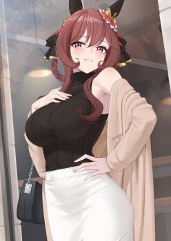 1girl animal_ears bag bare_shoulders black_bag black_shirt braid braided_hair_rings breasts brown_hair brown_jacket commentary cowboy_shot ear_ornament english_commentary gentildonna_(umamusume) grin hair_between_eyes hair_rings hand_on_own_hip hanging_light horse_ears horse_girl jacket large_breasts long_hair looking_at_viewer necropoi purple_eyes shirt shoulder_bag skirt sleeveless sleeveless_shirt smile solo umamusume white_skirt