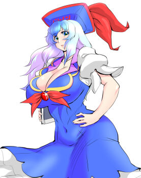 Rule 34 | 1girl, blue dress, blue eyes, blue hair, blue hat, book, breasts, brooch, cleavage, collar, commentary request, covered groin, covered navel, curvy, danna (karatekikku), dress, gradient hair, hand on own hip, hat, holding, holding book, jewelry, kamishirasawa keine, large breasts, lips, long hair, looking to the side, mortarboard, multicolored hair, puffy short sleeves, puffy sleeves, purple collar, purple hair, red trim, short sleeves, sleeveless, sleeveless dress, touhou