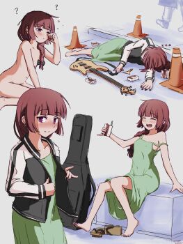 1girl ? absurdres alcohol_carton bachi barefoot bass_guitar black_bow black_jacket black_nails blush bocchi_the_rock! bow braid carton completely_nude dress drunk earrings fang flat_chest geta green_dress hair_bow highres hiroi_kikuri instrument instrument_case jacket jewelry long_hair lying multicolored_jacket nail_polish navel nude off_shoulder plectrum purple_eyes purple_hair rubbing_eyes sharp_teeth sidewalk single_braid sleeping smile teeth toenail_polish toenails traffic_cone two-tone_jacket white_jacket yamaha_trb yunoppi zzz