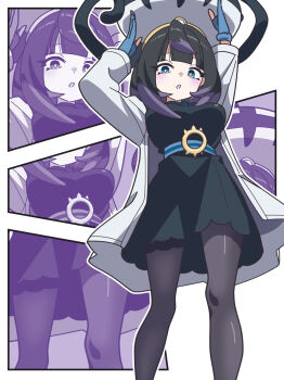 1girl arms_up belt black_dress blue_gloves bob_cut coat dress from_below gloves gwynn_(pokemon) hat highres kanbei_(pixiv11037490) long_sleeves nintendo o-ring o-ring_belt open_clothes open_coat partially_fingerless_gloves pokemon pokemon_legends:_z-a purple_eyes purple_hair short_hair solo white_coat