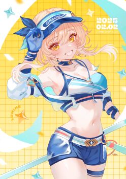 1girl absurdres adjusting_clothes adjusting_headwear bare_shoulders belt black_choker black_shorts blonde_hair breasts character_name choker cleavage commentary_request crop_top cropped_jacket dated genshin_impact gloves grid_background grin hair_between_eyes highres jacket looking_at_viewer lumine_(genshin_impact) lumine_(teyvat_turboflux)_(genshin_impact) medium_breasts midriff narujintaruho navel off_shoulder official_alternate_costume short_hair_with_long_locks short_shorts shorts smile solo thigh_strap two-sided_gloves visor_cap whistle whistle_around_neck white_jacket yellow_background yellow_eyes