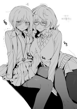 2girls aoba_tsumugi arm_support asymmetrical_hair averting_eyes blush breasts bulge closed_eyes closed_mouth commentary_request ear_blush ensemble_stars! erection erection_under_clothes futa_with_female futanari genderswap genderswap_(mtf) glasses greyscale hair_between_eyes highres jacket large_breasts long_hair long_sleeves looking_to_the_side monochrome multiple_girls open_clothes open_collar open_jacket open_mouth pantyhose pentagram_necklace pleated_skirt precum precum_through_clothes sakasaki_natsume school_uniform shirt shirt_under_sweater short_hair simple_background skirt smile sweat tsmkwa wavy_hair white_background yumenosaki_school_uniform