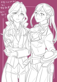 2girls alternate_costume ascot breasts clothing_request coat commentary_request crossdressing crossdressing_(ftm) earrings exoskeleton formal_clothes glasses ikuhashi_muiko irei_mizuka jacket jewelry long_sleeves looking_at_viewer medium_breasts monochrome multiple_girls necktie pants ponytail prosthesis robotics;notes round_eyewear science_adventure senomiya_misaki simple_background smile suit vest wavy_hair