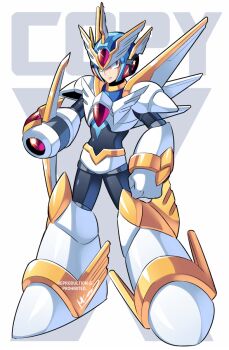 1boy android arm_cannon armor black_bodysuit bodysuit character_name clenched_hand copy_x_(mega_man) gloves helmet looking_at_viewer male_focus mcnr mega_man_(series) mega_man_x_(series) mega_man_x_dive mega_man_zero_(series) red_eyes robot solo standing weapon white_armor white_background white_gloves wings