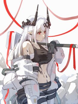 1girl absurdres arknights black_horns black_sports_bra demon_horns eien_001 hammer highres holding holding_hammer horns jumpsuit long_hair material_growth mudrock_(arknights) mudrock_(elite_ii)_(arknights) open_jumpsuit oripathy_lesion_(arknights) pointy_ears red_eyes sledgehammer solo sports_bra war_hammer weapon white_hair white_jumpsuit