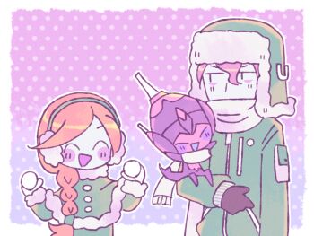 Rule 34 | 1boy, 1girl, ^ ^, alternate costume, black gloves, blue skin, blush, blush stickers, border, braid, capelet, closed eyes, colored skin, commentary, covered mouth, dulse (pokemon), earmuffs, gen 7 pokemon, gloves, green capelet, green hat, green jacket, hat, jacket, jitome, long hair, long sleeves, nintendo, open mouth, orange hair, outline, poipole, pokemon, pokemon (creature), pokemon on arm, pokemon usum, polka dot, polka dot background, purple hair, remoooon, scarf, scarf over mouth, short hair, single braid, smile, ultra beast, white border, white outline, white scarf, winter clothes, zossie (pokemon)