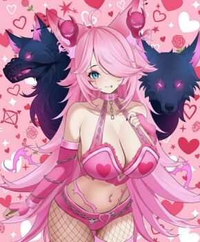 Rule 34 | 1girl, ahoge, animal ears, black nails, blue eyes, bra, breasts, chain, cleavage, fawn vt, fingerless gloves, fishnet pantyhose, fishnets, flower, gloves, heart, huge breasts, indie virtual youtuber, large breasts, long hair, navel, pantyhose, piercing, pink bra, pink eyes, red eyes, rose, scar, scar across eye, scar on face, spite (vtuber), thighs, underwear, very long hair, virtual youtuber, wolf, wolf ears, wolf girl