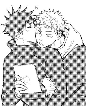 Rule 34 | 2boys, closed mouth, commentary request, fushiguro megumi, heart, holding, holding tablet pc, hood, hood down, hooded jacket, hug, hug from behind, itadori yuuji, jacket, jj59u, jujutsu kaisen, jujutsu tech uniform, kiss, kissing cheek, male focus, multiple boys, polka dot, scar, scar on face, scar on forehead, scar on mouth, short hair, simple background, spiked hair, tablet pc, white background, yaoi