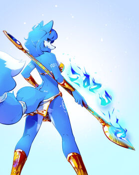 animal_ears ass ass_focus bikini blue_fur blue_hair fox fox_ears fox_girl fox_tail furry furry_female highres krystal loincloth looking_back nintendo staff_(weapon) star_fox star_fox_adventures swimsuit tail tattoo tribal_tattoo