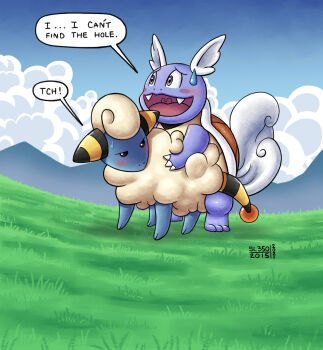 1boy 1girl annoyed artist_name blush_stickers cloud english_text fang furry furry_with_furry gen_1_pokemon gen_2_pokemon grass hetero highres interspecies mareep mountainous_horizon nintendo open_mouth outdoors pokemon pokemon_(creature) sex sex_from_behind sky sl350 smile speech_bubble sweat wartortle