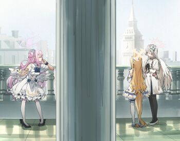 3girls animal_ears black_pantyhose blonde_hair blue_archive blue_flower blue_sky breasts capelet clock clock_tower closed_eyes comiket_107 day dress feathered_wings flower fox_ears fox_girl fox_tail frilled_dress frills grey_hair hair_bun hair_flower hair_ornament halo high_heels long_hair low_wings medium_breasts mika_(blue_archive) multiple_girls nagisa_(blue_archive) outdoors pantyhose parted_lips pink_hair seia_(blue_archive) shoes single_side_bun sky standing striped_clothes striped_pantyhose tail tongue tongue_out tower vertical-striped_clothes vertical-striped_pantyhose very_long_hair white_capelet white_dress white_pantyhose white_shoes white_wings wings yukie_(kusaka_shi)