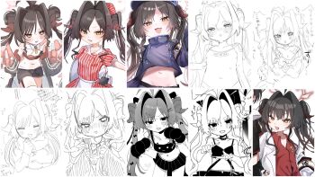 1girl :3 absurdres blue_archive blush fang furrowed_brow greyscale halo highres hip_bones holding holding_pom_poms horns kasumi_(blue_archive) looking_at_viewer momao_2424 monochrome navel open_mouth partially_colored paw_pose pom_pom_(cheerleading) pom_poms school_swimsuit swimsuit twintails