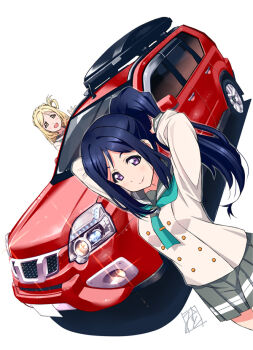 2girls blonde_hair blue_hair buttons car closed_mouth commentary_request cowboy_shot double-breasted dutch_angle green_neckerchief grey_sailor_collar grey_skirt hair_rings jacket long_hair long_sleeves looking_at_viewer love_live! love_live!_sunshine!! matsuura_kanan mistrail motor_vehicle multiple_girls neckerchief nissan nissan_x-trail ohara_mari open_mouth pleated_skirt purple_eyes sailor_collar school_uniform sidelocks simple_background single_hair_ring skirt smile sports_utility_vehicle standing tying_hair uranohoshi_school_uniform white_background white_jacket winter_uniform yellow_eyes