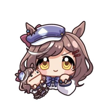 >:) 1girl animal_ears blue_bow blue_hat blush_stickers bow brown_hair closed_mouth commentary_request cropped_torso ears_through_headwear hair_ornament hairclip hand_puppet hat horse_ears long_sleeves looking_at_viewer matikanetannhauser_(panpaka_tiltott)_(umamusume) matikanetannhauser_(umamusume) mochiusasa multicolored_hair newsboy_cap puffy_long_sleeves puffy_sleeves puppet shirt simple_background smile solo streaked_hair tilted_headwear umamusume upper_body v-shaped_eyebrows white_background white_hair white_shirt yellow_eyes