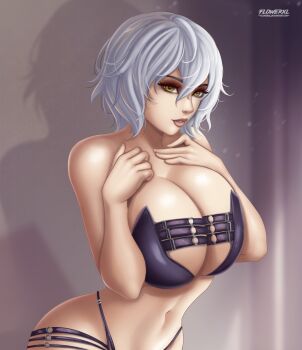 1girl absurdres bra breasts cleavage code_vein curvy female_focus flowerxl hands_on_own_chest highres io_(code_vein) large_breasts lingerie looking_at_viewer panties pantyhose seductive_smile smile solo solo_focus underwear upper_body white_hair