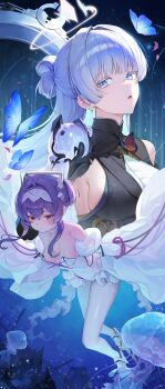 2girls absurdres blue_butterfly blue_eyes breasts breasts_apart bug butterfly butterfly_ornament commentary covered_navel earrings goddess_of_victory:_nikke grey_hair halo highres insect jellyfish jewelry leotard liberalio_(nikke) long_hair looking_at_viewer mole mole_on_breast mole_under_eye multiple_girls nayuta_(nikke) pantyhose purple_hair red_eyes sideboob sleeves_past_fingers sleeves_past_wrists untranslatable_commentary water white_leotard white_pantyhose white_sleeves yasig26836