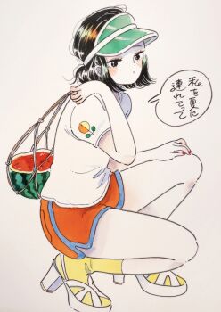 1girl black_eyes black_hair blush colored_skin emamemamo33 fingernails food fruit full_body green_visor high_heel_sandals highres holding iridescent_hair looking_at_viewer nail_polish orange_shorts original red_nails sandals scan shirt shoes short_hair shorts simple_background socks solo speech_bubble squatting traditional_media translated visor_cap watermelon white_background white_shoes white_skin yellow_socks