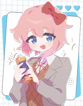 Rule 34 | 1girl, anzen robo (474zz), blazer, blue eyes, blush, bottle, bow, brown sweater vest, collared shirt, commentary request, doki doki literature club, doki doki literature club school uniform, eyelashes, grey jacket, hair bow, heart, holding, holding bottle, jacket, long sleeves, neck ribbon, open clothes, open jacket, open mouth, outline, pink hair, red bow, red ribbon, ribbon, sayori (doki doki literature club), school uniform, shirt, short hair, smile, solo, sweater vest, upper body, white outline, white shirt