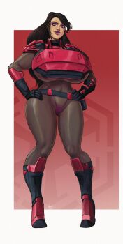 1girl absurdres armor belt black_gloves bodystocking boots breastplate breasts cameltoe devilhs eyeshadow full_body g-string gloves green_eyes hand_on_own_hip hands_on_own_hips highres huge_breasts long_hair looking_at_viewer makeup original panties pauldrons pink_panties ponytail purple_eyeshadow purple_lips scar scar_across_eye scar_on_face shoulder_armor solo standing star_wars star_wars:_the_old_republic thong underwear