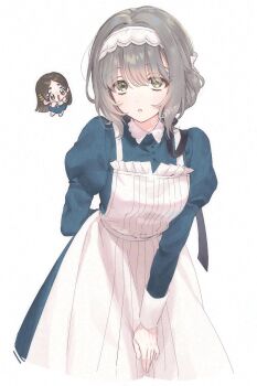 2girls apron arm_behind_back blue_dress blush chibi chibi_inset commentary_request dress gakuen_idolmaster green_eyes grey_hair hairband highres hiwatari_kanae idolmaster juliet_sleeves kuramoto_china long_sleeves maid maid_apron multiple_girls nz99 parted_lips puffy_sleeves short_hair simple_background twitter_username white_apron white_background white_hairband