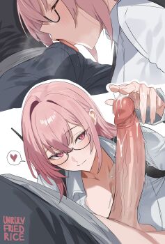 1boy 1girl absurdres artist_name bulge commentary english_commentary erection glasses heart hetero highres huge_penis licking_bulge penis pink_eyes precum shirt smile spoken_heart tsukishiro_yanagi uncensored unrulyfriedrice white_shirt zenless_zone_zero