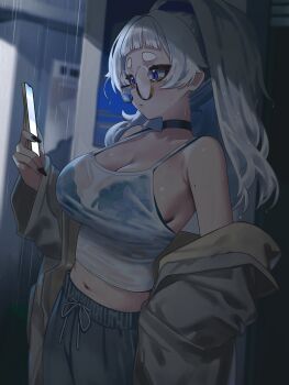 1girl bare_shoulders black_bra black_choker black_nails blue_eyes blunt_bangs bra bra_visible_through_clothes breasts camisole choker cleavage commentary fingernails grey_pajamas highres holding holding_phone large_breasts looking_at_phone meg_(wakamepiza) mole mole_on_arm nail_polish navel off_shoulder original pajamas phone rain round_eyewear short_bangs short_eyebrows solo spaghetti_strap symbol-only_commentary thick_eyebrows thick_eyelashes underwear wakamepiza wet wet_clothes white_camisole white_hair yellow-framed_eyewear