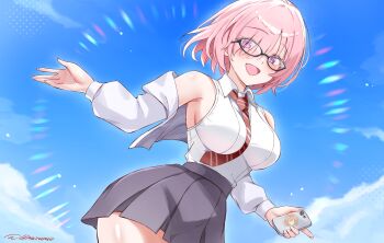 1girl bare_shoulders blue_sky blush breasts collared_shirt cropped_jacket fate/grand_order fate_(series) glasses grey_jacket grey_skirt hair_over_one_eye highres jacket large_breasts long_sleeves looking_at_viewer mash_kyrielight necktie off_shoulder open_mouth pink_hair purple_eyes shirt short_hair skirt sky sleeveless sleeveless_shirt smile solo umirunie white_shirt