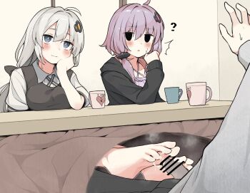 2girls ? barefoot black_eyes blue_eyes blush cum feet footjob grey_hair highres hz84997592 kizuna_akari kotatsu long_hair looking_at_another multiple_girls parted_lips purple_hair smile soles steam table toes under_kotatsu under_table vocaloid voiceroid yuzuki_yukari