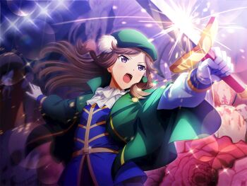 1girl ascot beret blue_jacket blurry blurry_background brown_hair coat floating_hair flower game_cg gloves green_coat green_hat hat holding holding_sword holding_weapon jacket long_sleeves official_art open_clothes open_coat open_mouth outstretched_arms parted_bangs purple_eyes red_flower red_rose rose shoujo_kageki_revue_starlight shoujo_kageki_revue_starlight_-re_live- skull solo sword tendou_maya upper_body v-shaped_eyebrows weapon white_ascot white_gloves