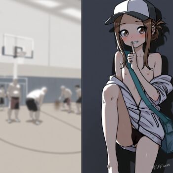 absurdres blush brown_hair exhibitionism flat_chest hat highres jacket jersey karakai_jouzu_no_takagi-san lander0808 loli no_panties public_indecency takagi-san track_jacket track_suit