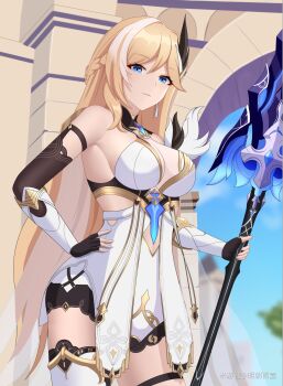 Rule 34 | 1girl, black shorts, blonde hair, blue eyes, breasts, chinese commentary, commentary request, dress, durandal (honkai impact), durandal (palatinus equinox) (honkai impact), elbow gloves, fingerless gloves, gloves, highres, holding, holding polearm, holding weapon, honkai (series), honkai impact 3rd, large breasts, looking at viewer, miyoushe watermark, multicolored hair, polearm, shorts, shuaishousha, solo, two-tone gloves, two-tone hair, watermark, weapon, white dress, white hair