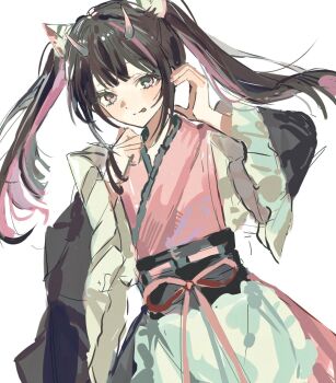 Rule 34 | 1boy, :p, animal ears, apron, black hair, blunt bangs, cho kaguya-hime!, cowboy shot, crossdressing, crossdressing (mtf), eoldang1, frilled apron, frilled kimono, frilled sleeves, frills, half-heart hands, highres, horns, japanese clothes, kimono, kimono dress, komazawa noi, long hair, long sleeves, looking at viewer, male focus, multicolored hair, pink eyes, pink kimono, pink streaks, simple background, smile, solo, streaked hair, tiger ears, tongue, tongue out, trap, twintails, waist apron, white apron, white background