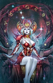 1girl absurdres art_of_ellery artist_collaboration artist_name blank_eyes breasts cleavage colored_skin highres large_breasts long_hair looking_at_viewer mike_krome original sitting solo space star_(sky) white_hair white_skin zodiac_wheel