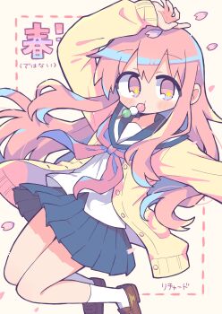 +_+ 1girl absurdres arm_up artist_name blue_sailor_collar blue_skirt blush_stickers brown_shoes buttons cardigan closed_mouth commentary_request dango double-parted_bangs food food_in_mouth full_body hair_between_eyes highres legs_up long_hair long_sleeves looking_at_viewer miniskirt neckerchief open_cardigan open_clothes original outstretched_arm petals pink_eyes pink_hair pleated_skirt red_neckerchief richard_(richaball) sailor_collar sanshoku_dango school_uniform serafuku shirt shoes simple_background skirt socks solo translation_request wagashi white_shirt white_socks yellow_background yellow_cardigan