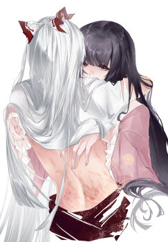 Rule 34 | 2girls, alulue1, arms around neck, black hair, blood on back, clothes lift, commentary request, dress, fujiwara no mokou, highres, houraisan kaguya, injury, long hair, multiple girls, pink dress, red eyes, scar, scar on back, shirt, shirt lift, simple background, touhou, white background, white hair, white shirt, yuri