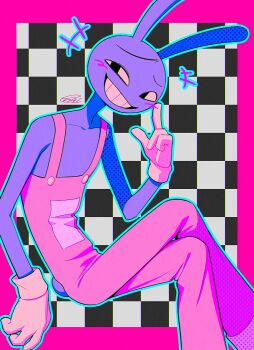 +++ 1boy :d bare_arms bare_shoulders black_eyes blue_outline border buttons chromatic_aberration colored_sclera colored_skin colored_teeth crossed_legs fewer_digits film_grain finger_to_cheek furry furry_male gloves grin halftone hand_up highres invisible_chair jax_(the_amazing_digital_circus) male_focus menma_(enaic31) no_pupils open_mouth outline outside_border overalls pink_border pink_overalls purple_skin rabbit_boy rabbit_tail raised_inner_eyebrows saturated signature sitting smile solo tail teeth the_amazing_digital_circus yellow_gloves yellow_sclera yellow_teeth