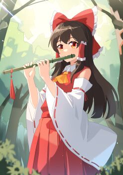 1girl absurdres ascot bow brown_hair chinese_commentary commentary_request detached_sleeves flute forest frilled_bow frilled_hair_tubes frills hair_bow hair_tubes hakurei_reimu highres holding holding_flute holding_instrument instrument long_hair music nature outdoors playing_flute playing_instrument pleated_skirt red_bow red_eyes red_skirt ribbon-trimmed_sleeves ribbon_trim sdftehn skirt skirt_set solo touhou tree yellow_ascot