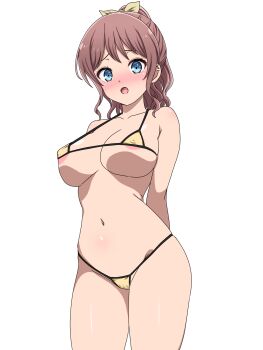 1girl areola_slip bang_dream! bang_dream!_girls_band_party! bikini blue_eyes blush breasts brown_hair commentary covered_erect_nipples half_updo highres large_breasts medium_hair micro_bikini noshimurin open_mouth paid_reward_available simple_background solo swimsuit white_background yamabuki_saya yellow_bikini