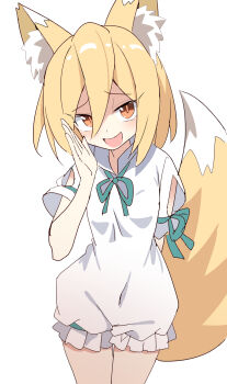 1girl animal_ear_fluff animal_ears arm_cutout blonde_hair blush breasts clothing_cutout commentary_request covered_navel cowboy_shot e.o. fox_ears fox_girl fox_tail green_ribbon hair_between_eyes highres kudamaki_tsukasa looking_at_viewer neck_ribbon open_mouth orange_eyes ribbon romper short_sleeves simple_background sleeve_ribbon slit_pupils small_breasts smile solo tail touhou white_background white_romper