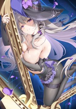 1girl alternate_breast_size_(larger) black_hat black_pantyhose breasts cleavage commentary_request covering_one_breast covering_privates detached_sleeves flower grey_hair hat hat_flower herta_(honkai:_star_rail) highres hino_kagutsuki honkai:_star_rail honkai_(series) long_hair medium_breasts nail_polish pantyhose parted_lips purple_eyes purple_flower purple_nails solo the_herta_(honkai:_star_rail) witch_hat