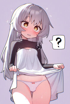 1boy ? bow bow_panties bulge clothes_lift cowboy_shot dress dress_lift grey_background grey_hair hair_bow highres ikr_(artist) lifting_own_clothes long_hair long_sleeves male_focus panties simple_background solo spoken_question_mark thigh_gap tongkkangi tongkkangi_(streamer) trap underwear virtual_youtuber white_dress white_panties yellow_eyes