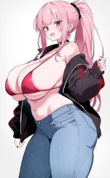 1girl armpit_crease bikini black_choker black_jacket black_scrunchie blue_pants blush breasts choker commentary denim earrings english_commentary fingernails hair_ornament hair_scrunchie highres hip_bones hololive hololive_english huge_breasts jacket jeans jewelry long_hair long_sleeves looking_at_viewer mori_calliope multicolored_jacket nail_polish navel o-rindou5100 open_clothes open_jacket open_mouth pants pink_bikini pink_eyes pink_hair ponytail red_jacket red_nails scrunchie single_bare_shoulder skull_choker smile solo stomach striped_clothes striped_jacket stud_earrings sweat swimsuit teeth thick_thighs thighs two-tone_jacket upper_teeth_only virtual_youtuber white_background