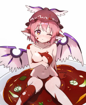 1girl animal_ears bird_ears bird_wings blush breasts brown_hat chikuzen1996 closed_mouth collarbone commentary_request completely_nude covering_breasts covering_privates hat highres large_breasts looking_at_viewer mystia_lorelei navel nude one_eye_closed pink_hair plate sauce simple_background solo stomach touhou white_background winged_hat wings yellow_eyes
