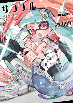 1girl absurdres artist_name black_shorts blue_hair blunt_bangs blush fangs full_body gun highres holding holding_gun holding_weapon inkling inkling_girl inkling_player_character long_hair looking_at_viewer mochizuki_inochi nintendo on_one_knee open_mouth pink_eyes sample_watermark shirt shoes short_sleeves shorts sneakers solo splatoon_(series) tentacle_hair thick_eyebrows v-shaped_eyebrows watermark weapon white_shirt white_shoes