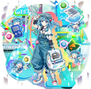 1girl alternate_costume alternate_headwear black_arm_warmers black_gloves blue_eyes blue_hair blue_overalls cd chibi closed_mouth clothes_writing controller fingerless_gloves game_cg game_controller gloves hair_bobbles hair_ornament handheld_game_console hat headphones headphones_around_neck highres holding holding_controller holding_game_controller holding_shield holding_sword holding_weapon jewelry kawashiro_nitori kedama_(touhou) key key_necklace looking_at_viewer multiple_views musical_note necklace official_art overalls rotte_(1109) shield shirt shoes short_sleeves silhouette smile sneakers sword third-party_source touhou touhou_lostword transparent_background two_side_up weapon white_shirt white_shoes