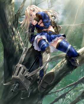 Rule 34 | 1girl, arm guards, armor, azure (armor), blonde hair, blue eyes, breasts, capcom, clarice (mezeporta kaitaku-ki), cleavage, crop top, female focus, gloves, highres, leaf, long hair, monster hunter (series), monster hunter mezeporta kaitaku-ki, navel, pleated skirt, puffy sleeves, shin guards, skirt, solo, thighhighs, tree, upskirt, weapon