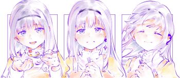 Rule 34 | 1girl, akemi homura, beige vest, black hair, bow, bowtie, unworn bowtie, cake, closed eyes, commentary request, earrings, floating hair, food, fork, hairband, holding, holding fork, incoming food, jewelry, juliet sleeves, lizard, long hair, long sleeves, looking at viewer, mahou shoujo madoka magica, mahou shoujo madoka magica: hangyaku no monogatari, mandarin collar, mitakihara school uniform, muhan1234567, multiple views, open mouth, outside border, overalls, puffy sleeves, school uniform, shirt, single earring, smile, soul gem, upper body, very long hair, white background, white shirt