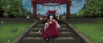 3girls :3 ascot black_footwear black_hair bow crack curly_hair detached_sleeves falling_leaves frilled_bow frilled_hair_tubes frills gohei grass green_hair hair_bow hair_tubes hakurei_reimu hakurei_shrine hat highres horns jackyyeah kirisame_marisa komainu komainu_ears komainu_girl komano_aunn landscape leaf long_hair mountain multiple_girls ofuda open_mouth orange_eyes orb path plant red_bow red_shirt red_skirt ribbon-trimmed_sleeves ribbon_trim road rock rope shide shimenawa shirt shoes shrine single_horn skirt skirt_set smile torii touhou tree vines witch_hat yellow_ascot yin_yang yin_yang_orb