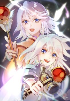 1boy 1girl absurdres blue_eyes blue_shirt commentary_request genius_sage highres holding holding_staff holding_weapon kendama looking_at_viewer medium_hair orange_cloak raine_sage shirt staff tales_of_(series) tales_of_symphonia teri_pom weapon white_hair